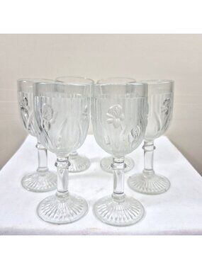 Jeanette Iris & Herringbone Clear Glass Goblets Set Of 6 Vintage 4.5" Tall